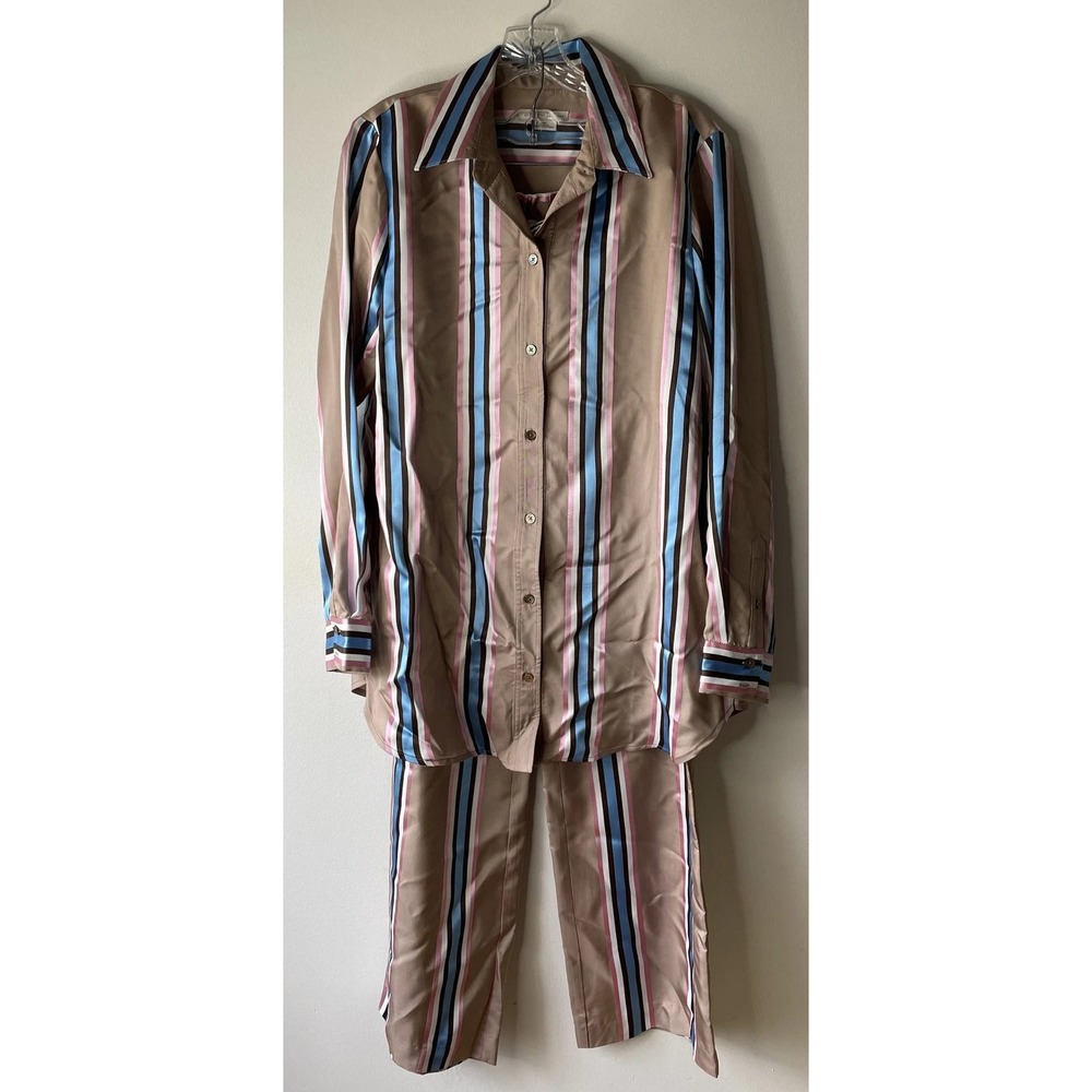 Worth New York Pajama Set M 100% Rayon Stripe Long Sleeve Loungewear Made in USA